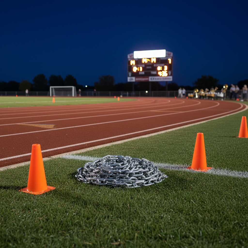 A dynamic sideline view of an Owensboro-area high school track and football stadium under bright stadium lights, captured during a fall evening. The foreground shows bright orange pylons and neatly coiled yardage chains resting on the vivid green turf near the white sideline stripe. Beyond, the red track curves away, with a digital scoreboard glowing against the darkening sky and marching band instruments faintly visible on the far sideline, blurred. The lighting is dramatic but even, with sharp detail in the foreground and soft bokeh in the distance. Photographic realism, emphasizing live game-night atmosphere for local sports coverage.