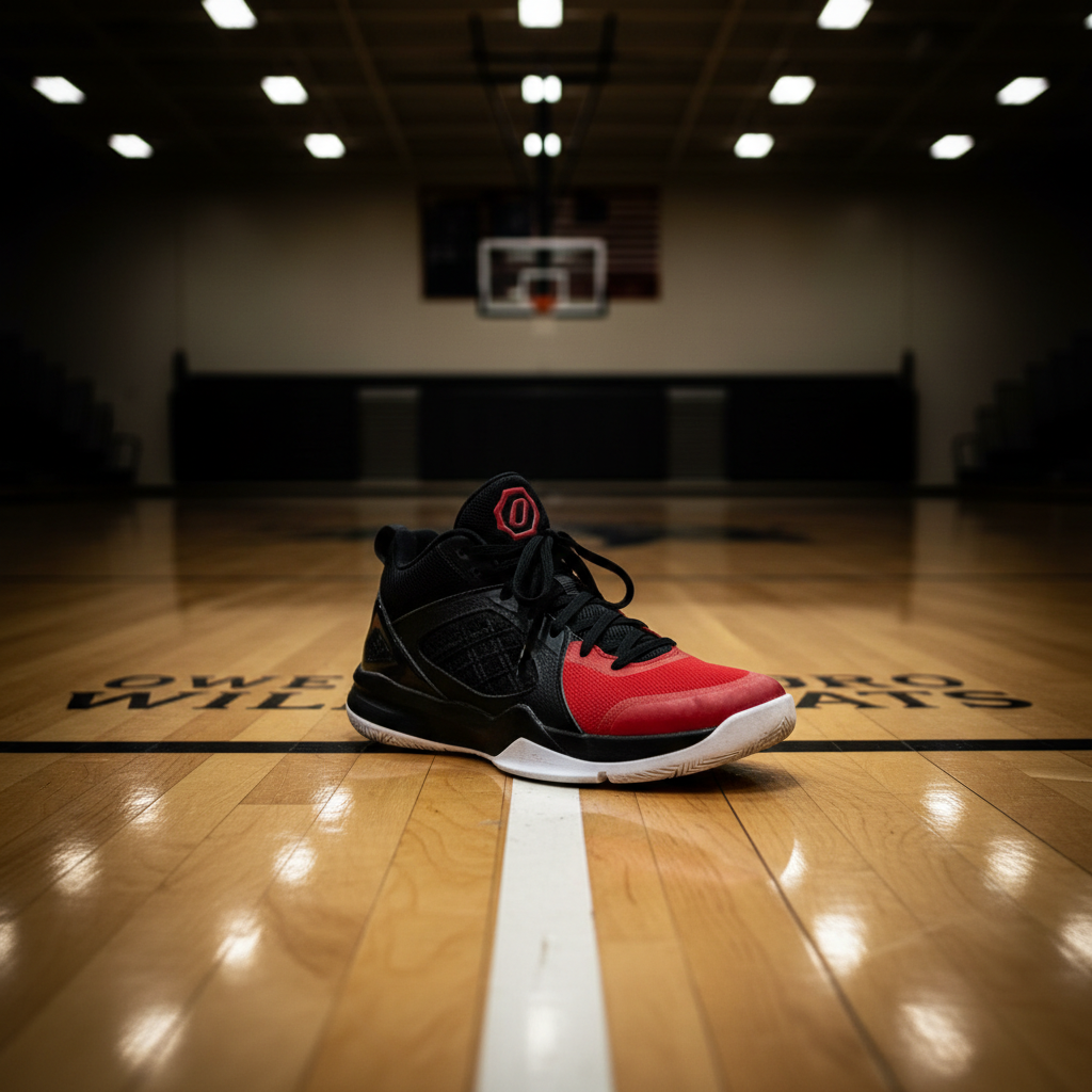 A focused Athlete Spotlight concept image featuring a single, meticulously detailed high school basketball shoe standing alone at the free-throw line on a gleaming Owensboro-area gym floor. The shoe’s textured sole grips the polished wood, with laces neatly tied and subtle wear visible on the midsole and toe. Overhead lights form bright, linear reflections along the court, fading into a darker, blurred background of empty bleachers. Photographic realism, shot from a low, three-quarter angle with shallow depth of field, creating a dramatic, professional spotlight feel that suggests a weekly feature honoring standout local athletes without showing any people.