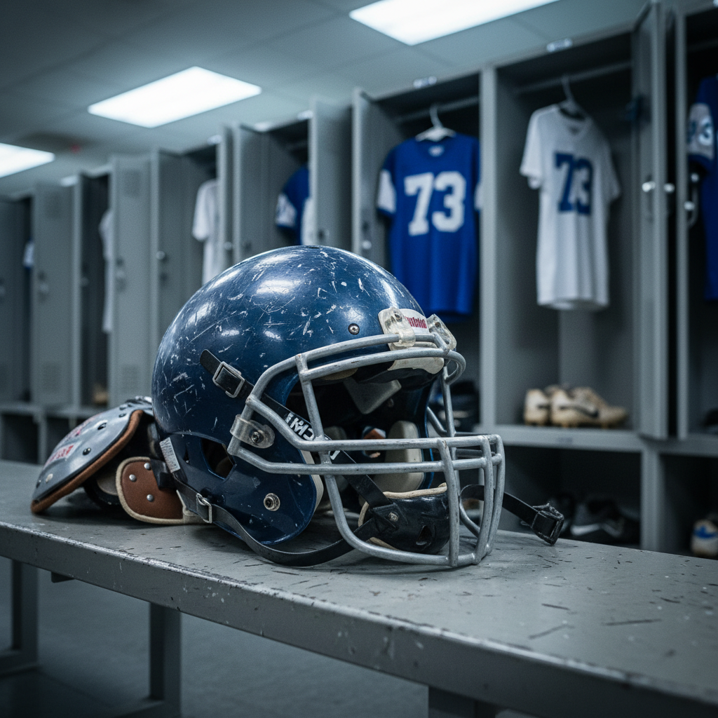 An intense close-up of a worn high school football helmet and shoulder pads set neatly on a metal bench in an Owensboro-area locker room. The helmet’s matte shell shows paint chips and scuff marks, the facemask slightly bent, with securely fastened chinstrap. Behind, open metal lockers reveal neatly hung jerseys and folded practice gear. Cool fluorescent overhead lights cast crisp, linear reflections on the gear and subtle shadows beneath the bench. Photographic realism, composed at eye level with shallow depth of field, creating a gritty, determined atmosphere suitable for an in-depth feature story on local gridiron battles.