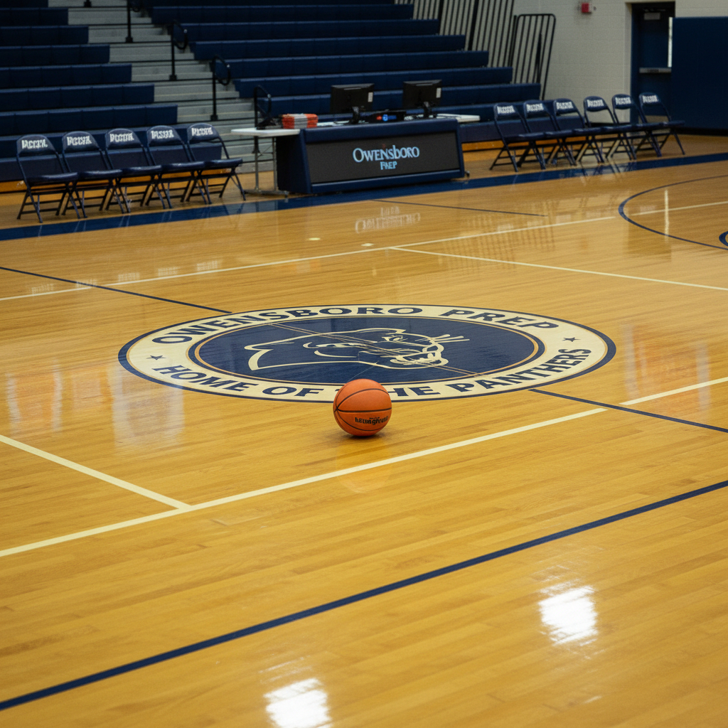 A detailed overhead view of a polished hardwood high school basketball court in the Owensboro area, the glossy surface reflecting bright gym lights. The bold center-court emblem and crisp three-point lines dominate the frame, with neatly arranged sideline chairs and a scorer’s table receding into gentle blur. A clean, orange composite basketball sits exactly on the center logo, casting a soft shadow. Even, bright indoor lighting creates a vibrant yet professional mood. Photographic realism, shot from a slightly elevated, wide-angle perspective that feels like a pregame moment before tipoff, ideal for local prep hoops coverage.