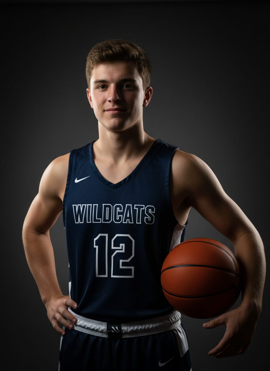 A confident high school basketball player in uniform poses for a portrait, holding a basketball against a dark background.